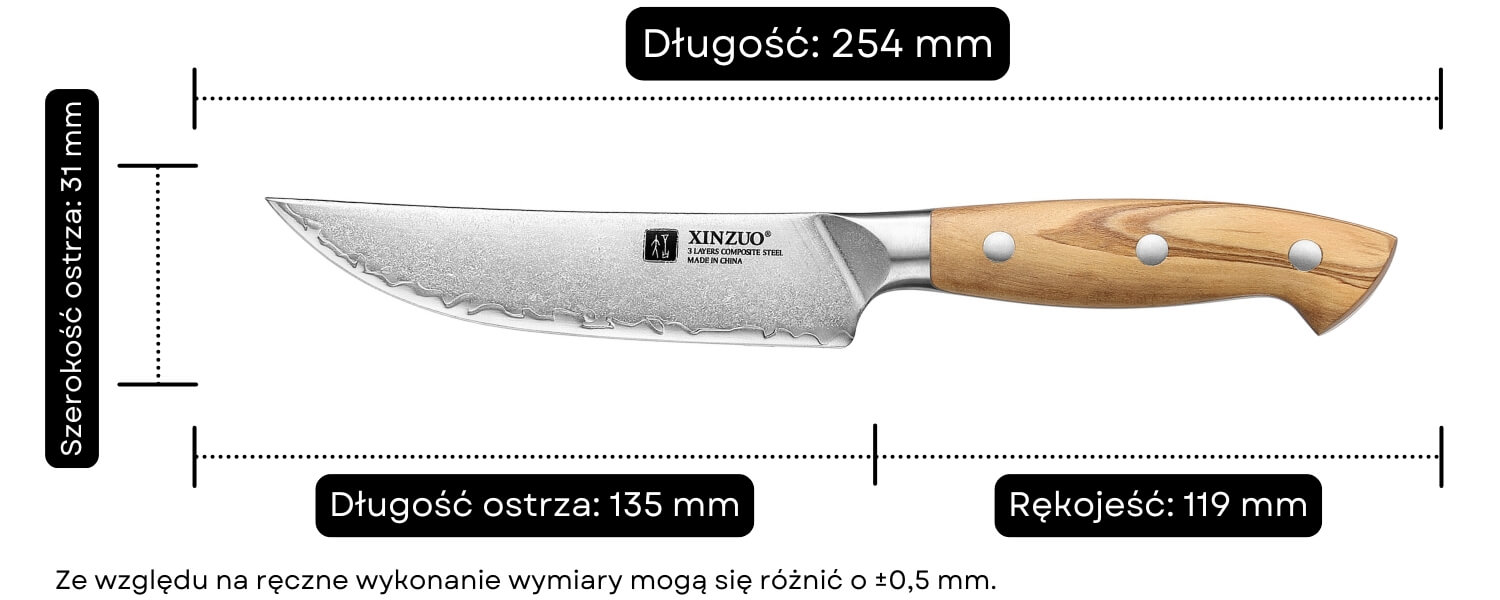 Wymiary noża do steków XinZuo Pin X02O